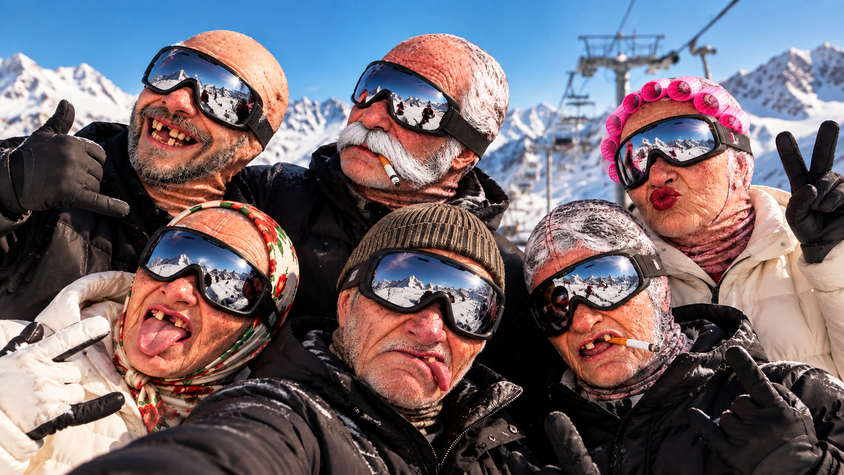 Group of friends in funny balaclavas and ski goggles taking a selfie on a chairlift