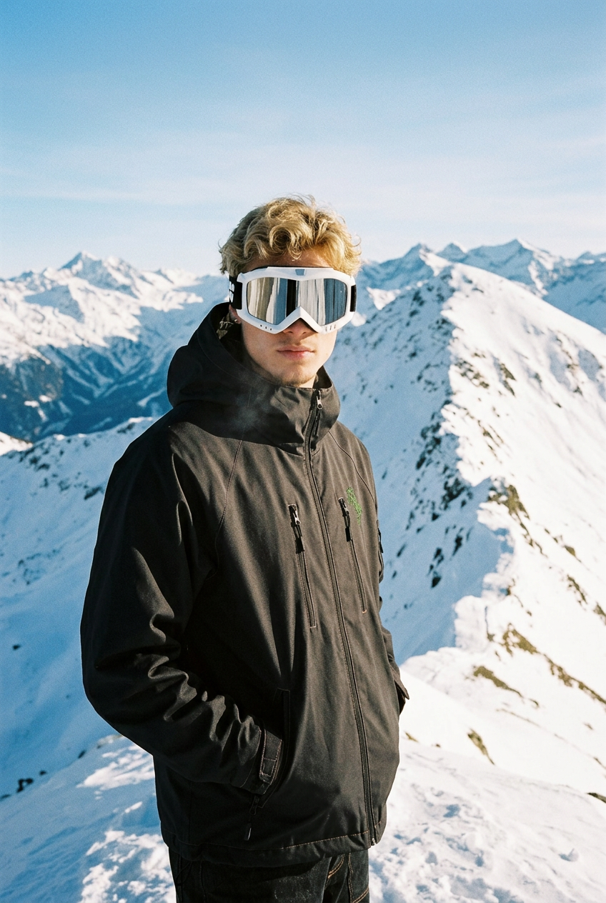 Skier in black snow jacket and white goggles on a snowy alpine ridge